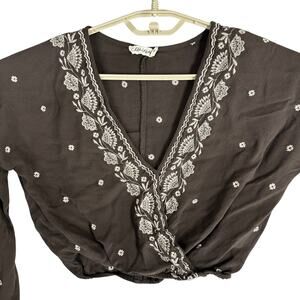 Chloe Katie Blouse Boho Cropped Womens Size M Brown V-Neck Prairie Festival